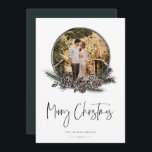 Natural Pine Wreath Photo Holiday Card<br><div class="desc">Merry Christmas signature script. Rustic nature watercolor pine branches,  pinecones and berries,  hoop photo frame. Coordinating forest green color backing.</div>