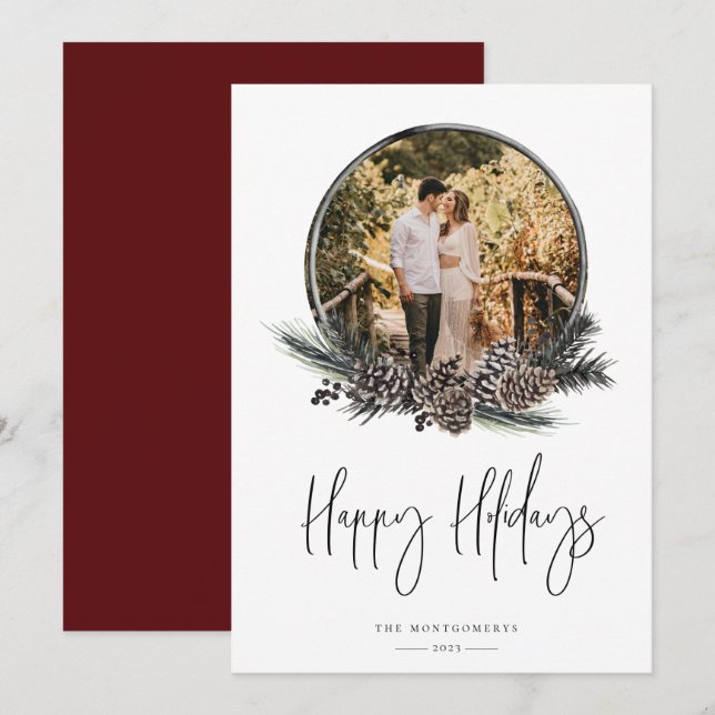Natural Pine Wreath Photo Holiday Card (Front/Back)