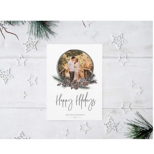 Natural Pine Wreath Photo Holiday Card (Creator Uploaded)