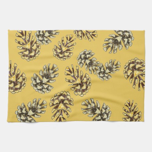 Natural Pinecones on Soft Gold Kitchen Towel