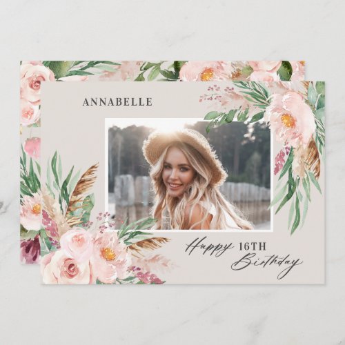 Natural Pink girly modern floral photo birthday Invitation