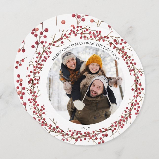 Natural Red Berry Flat Round Photo Holiday Card (Front/Back)