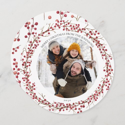 Natural Red Berry Flat Round Photo Holiday Card