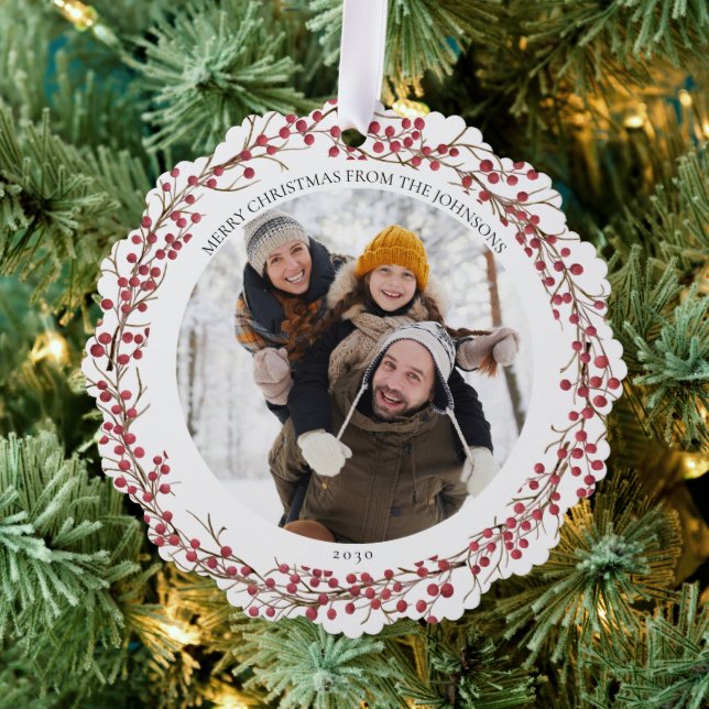 Natural Red Berry Merry Christmas Photo Wreath Ornament Card (Insitu (Tree))