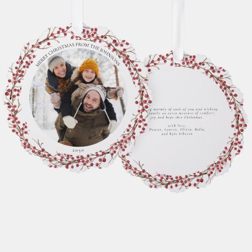 Natural Red Berry Merry Christmas Photo Wreath Ornament Card