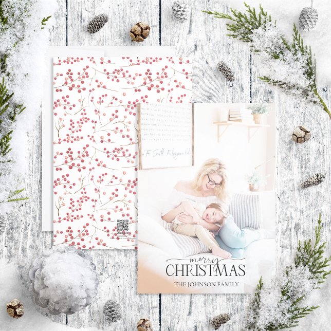 Natural Red Berry Merry Christmas Script Photo Hol Holiday Card (Creator Uploaded)