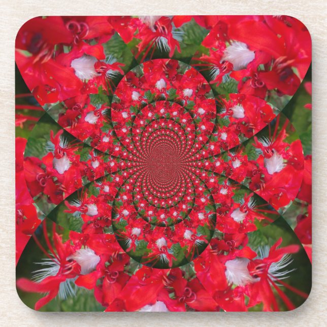 Natural Red Flower White Feather Kaleidoscope Art Beverage Coaster (Front)