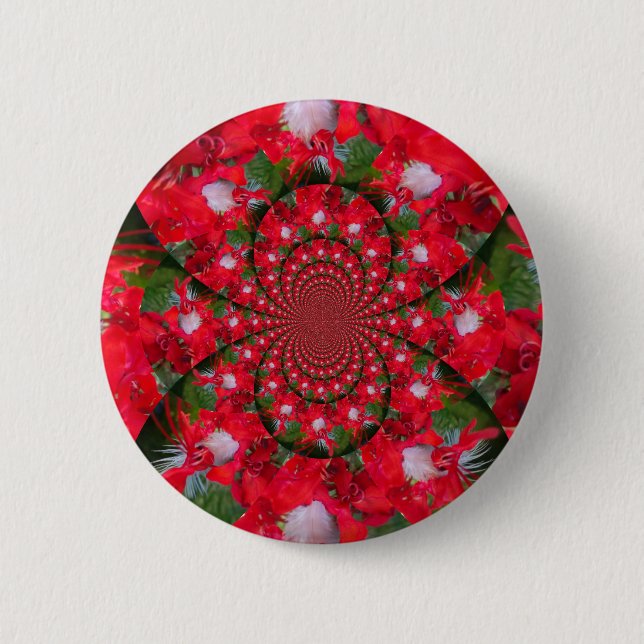 Natural Red Flower White Feather Kaleidoscope Art Button (Front)