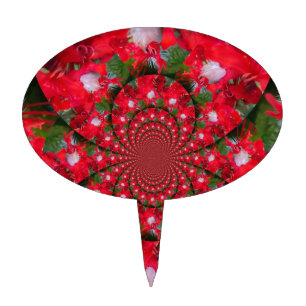 Natural Red Flower White Feather Kaleidoscope Art Cake Topper