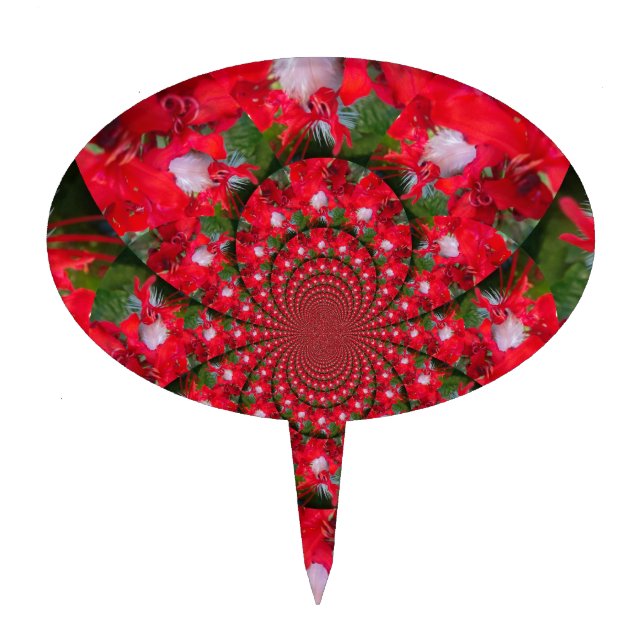 Natural Red Flower White Feather Kaleidoscope Art Cake Topper (Front)