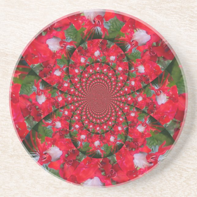 Natural Red Flower White Feather Kaleidoscope Art Drink Coaster (Front)
