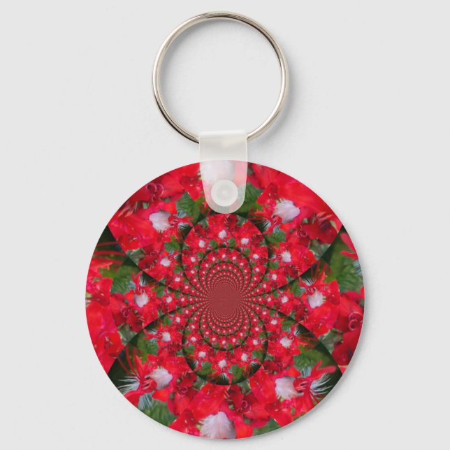 Natural Red Flower White Feather Kaleidoscope Art Keychain (Front)