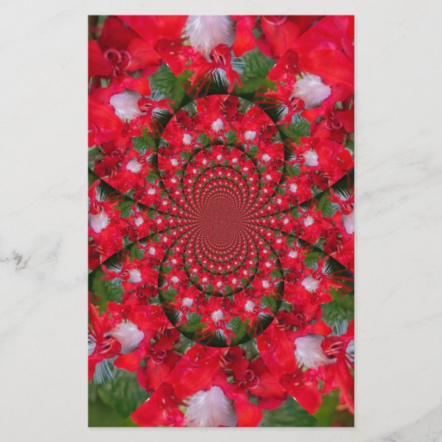 Natural Red Flower White Feather Kaleidoscope Art Stationery (Front)