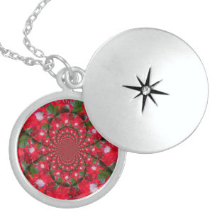 Natural Red Flower White Feather kaleidoscope art Sterling Silver Necklace
