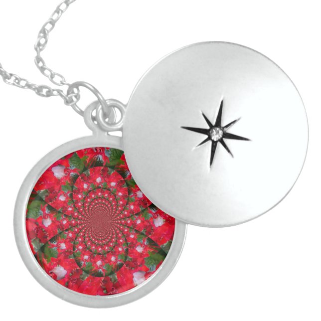 Natural Red Flower White Feather kaleidoscope art  Sterling Silver Necklace (Front)