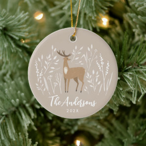 Natural reindeer botanical elegant Christmas Ceramic Ornament