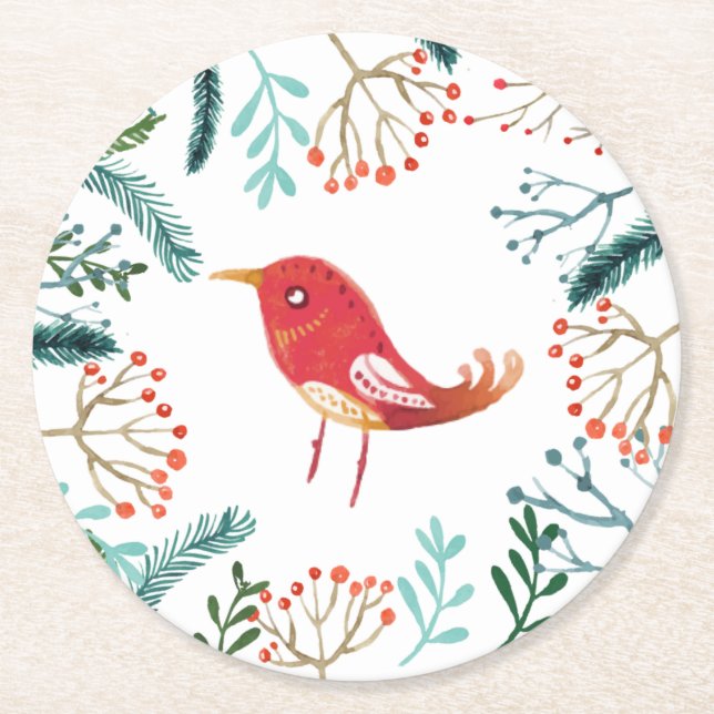 Natural Rustic Christmas Round Paper Coaster (Front)