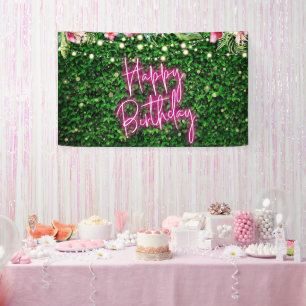 Natural Rustic Lawn Leaves Flowers Gold Spots Pink Banner