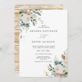 Natural Rustic Pine Greenery & Red Berries Wedding Invitation