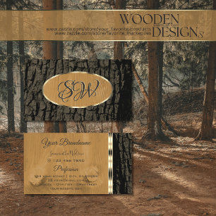 Natural Rustic Tree Bark Gold Border with Monogram Business Card