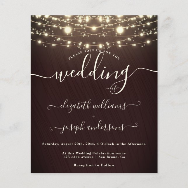 Natural Rustic Wood & Black White Lights wedding Flyer (Front)