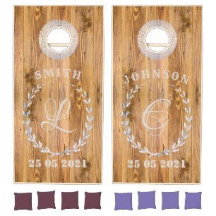 Natural Rustic Wood & Elegant Monogram Wedding Cornhole Set