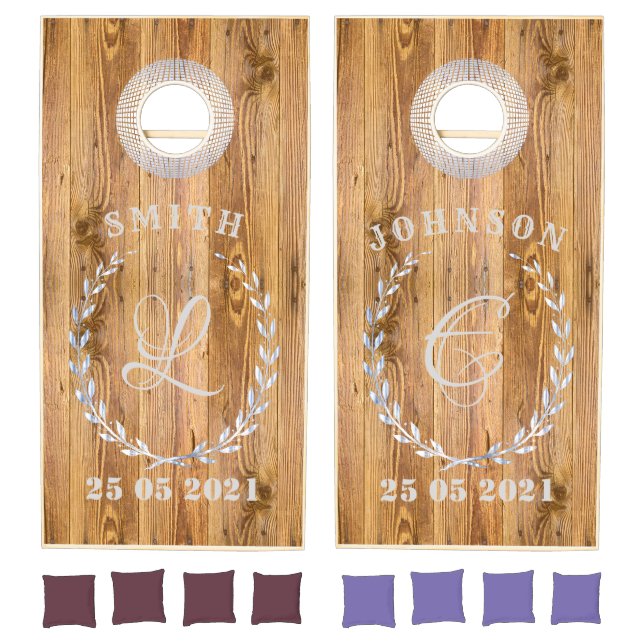 Natural Rustic Wood & Elegant Monogram Wedding Cornhole Set (Set)