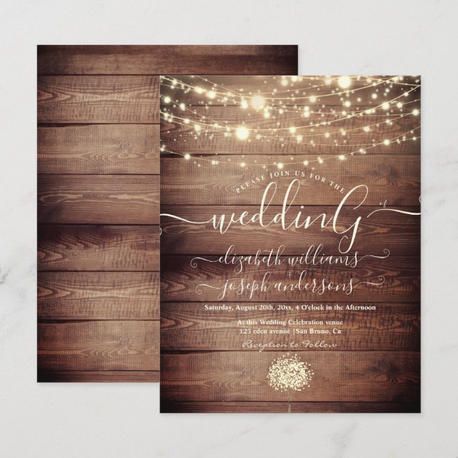 Natural Rustic Wood & White Lights String wedding Invitation (Front/Back)