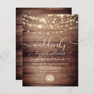 Natural Rustic Wood & White Lights String wedding Invitation