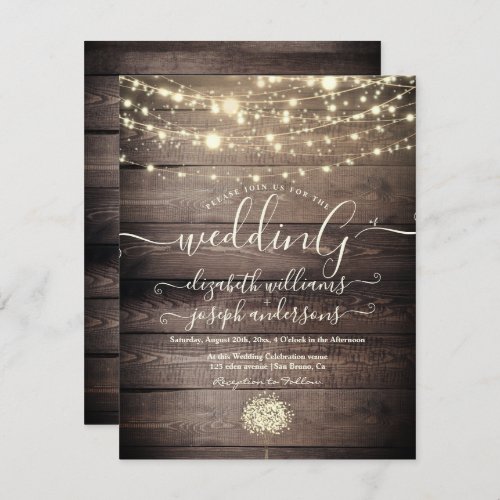 Natural Rustic Wood  White Lights String wedding  Invitation