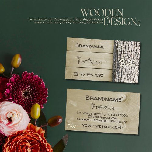 Natural Rustic Wooden Boards Tree Bark Monogram Business Card