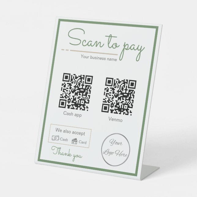 Natural sage green 2 qr code business scan to pay  pedestal sign (Front)