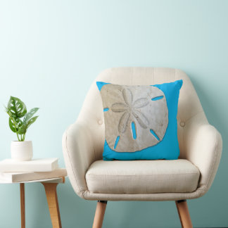Natural Sand Dollar Blue Beach Decor Throw Pillow