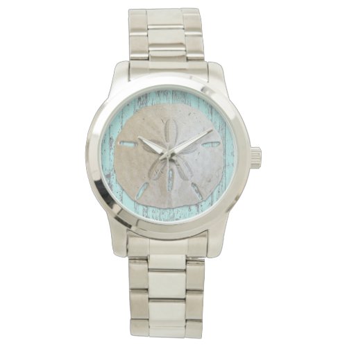 Natural Sand Dollar Blue Beach Wood Rustic Watch