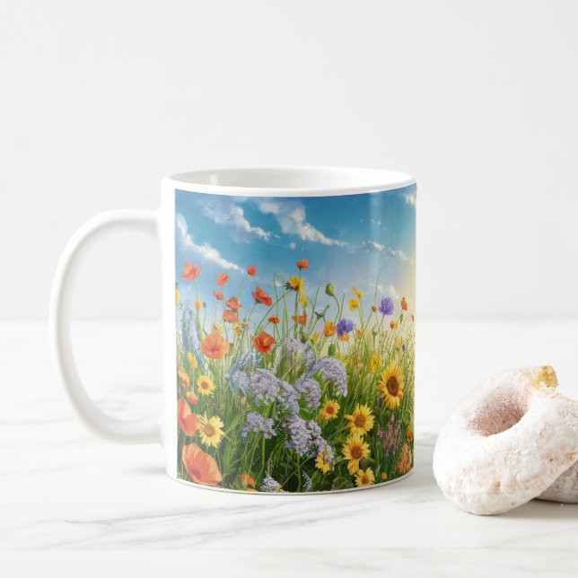 Natural scenery of sunflowers and blue sky Mug (With Donut)