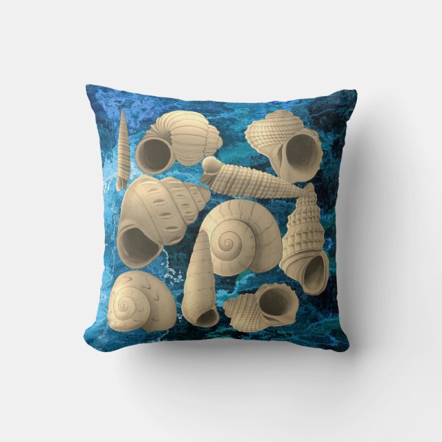 Natural Sea shells on Persian Blue Background Throw Pillow (Front)