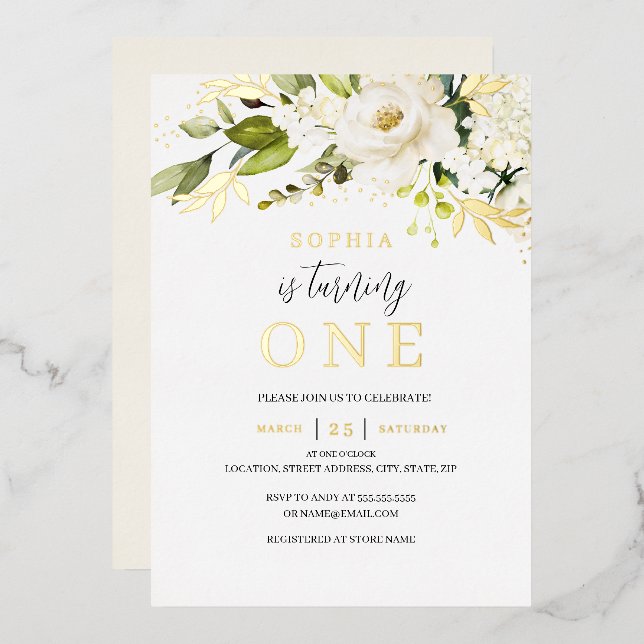 Natural Soft Cream White Floral Girl 1st Birthday Foil Invitation (Front/Back)