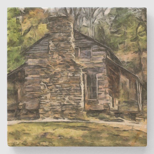 NATURAL STONE LOG CABIN WALL ART COASTER (Front)