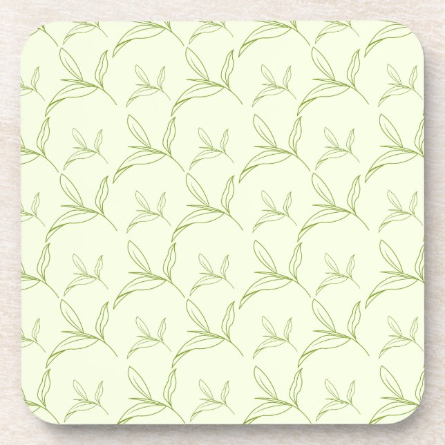 Natural Tea Leaf Mint Green Seamless Pattern Beverage Coaster (Front)