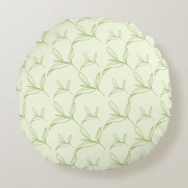 Natural Tea Leaf Mint Green Seamless Pattern Round Pillow (Front)
