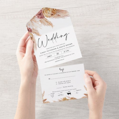 Natural Tone Boho Dry Floral All in One Wedding All In One Invitation