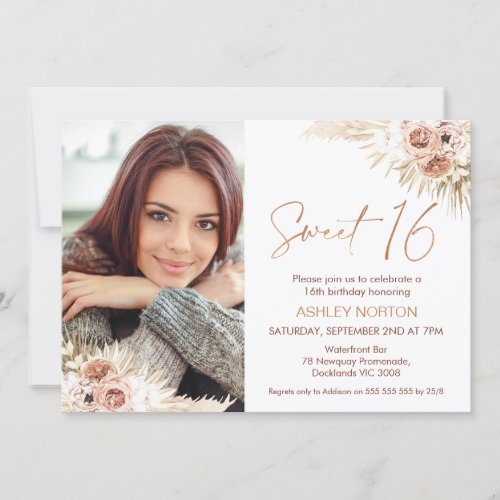 Natural Tones Boho Floral Sweet 16 Birthday Invitation