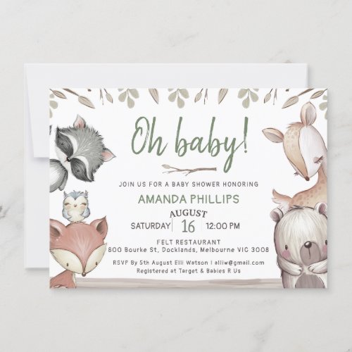 Natural Tones Woodland Animals Foliage Baby Shower Invitation