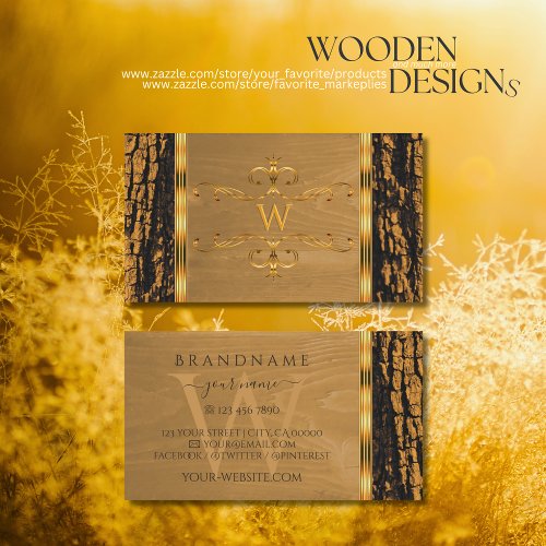 Natural Tree Bark Grain Shimmery Border Monogram Business Card