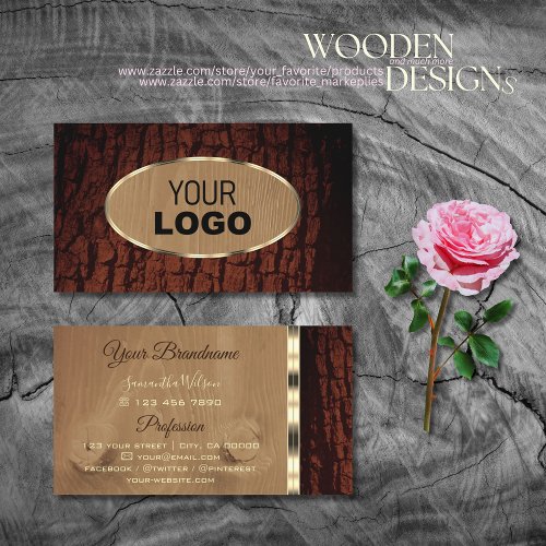 Natural Tree Bark Wood Grain Oval Gold Border Logo Business Card