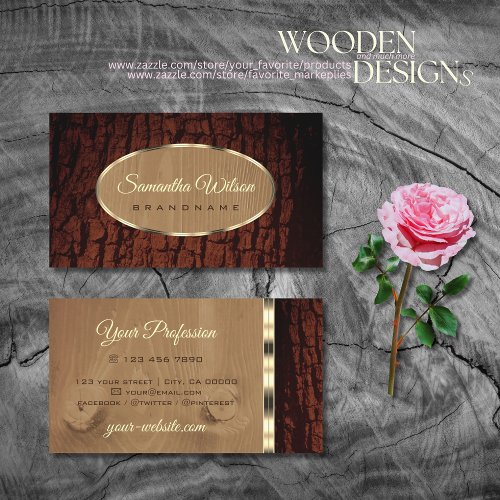 Natural Tree Bark Wood Grain with Oval Gold Border Business Card