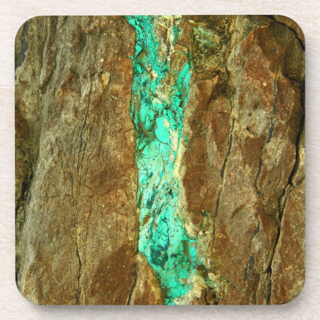 Natural turquoise vein in rough brown stone beverage coaster (Front)