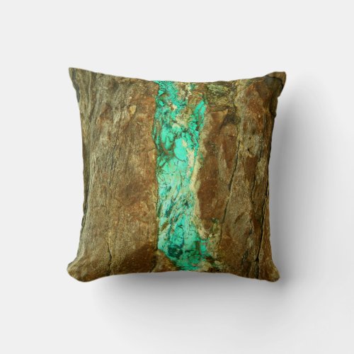 Natural turquoise vein in rough brown stone throw pillow