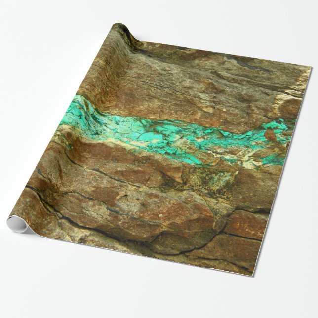 Natural turquoise vein in rough brown stone wrapping paper (Unrolled)