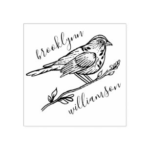 Natural Vintage Bird & Branch Personalized Name Rubber Stamp